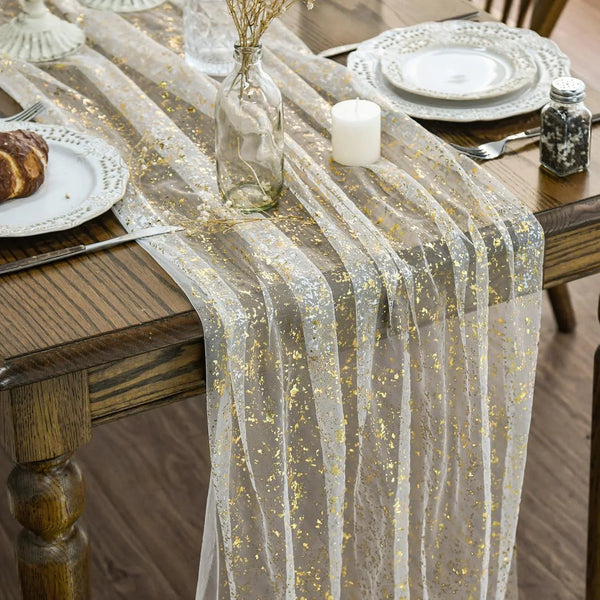 Beige Gold Gauze Table Runner 120 Inch 10FT, Glitter Metallic Foil Sheer Dining Wedding Anniversary Holiday Birthday Table Decor for Home Party1