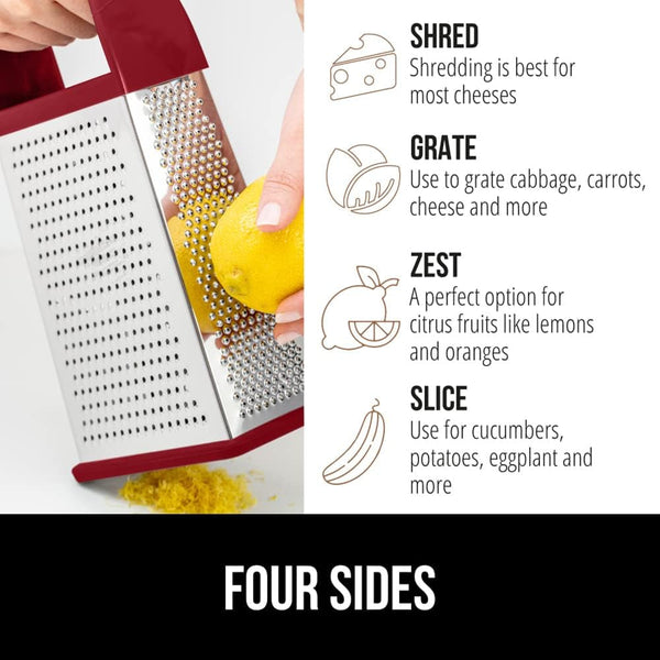 Gorilla Grip Box Grater and Vegetable Peeler, Box Grater Has Built in Container, Peeler Is Dishwasher Safe, Both in Red Color, 2 Item Bundle2