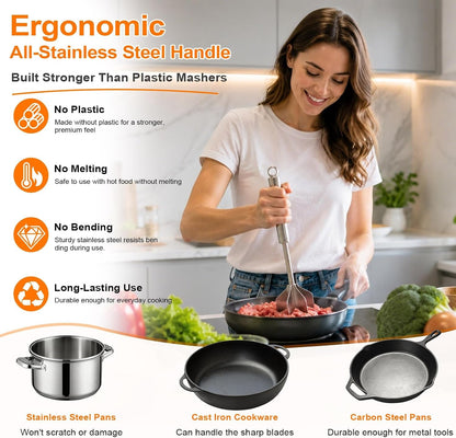 Meat Masher, 11 Inch Stainless Steel Ground Beef Masher with 6-Blade Head, Heavy Duty Meat Chopper for Ground Beef, Hamburger Smasher Tool for Potatoes, Chicken and Meal Prep2