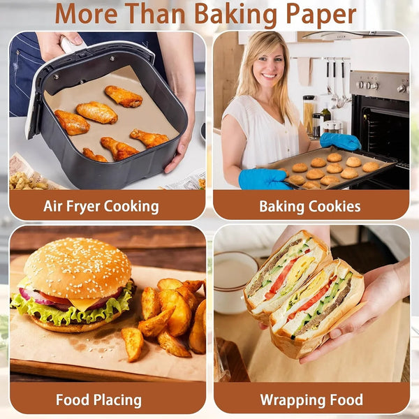 200 Pcs 8X8 Inch Parchment Paper Sheets, Precut Unbleached Baking Paper, Non-Stick & Greaseproof Square Pan Liners for Cake Pan, Air Fryer, Baking - Natural Brown4