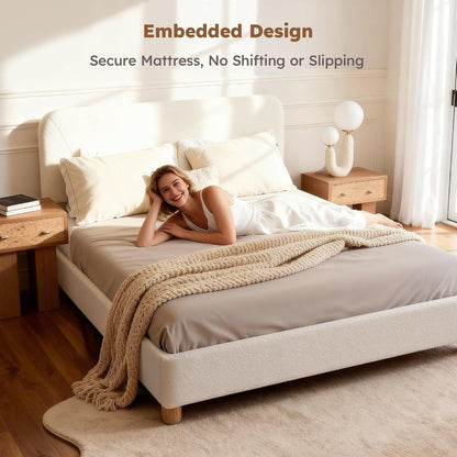 Full Size Cloud Bed Frame, Cream White Boucle Platform Bed, Upholstered3