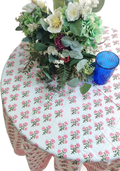 Cotton Blockprint round Tablecloth, Gulbahar Pink, 72 Inches3
