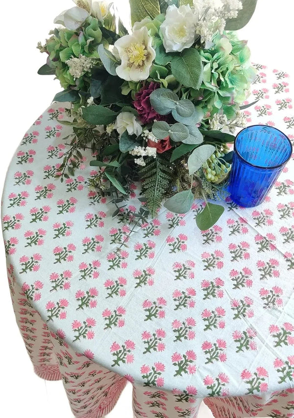 Cotton Blockprint round Tablecloth, Gulbahar Pink, 72 Inches3