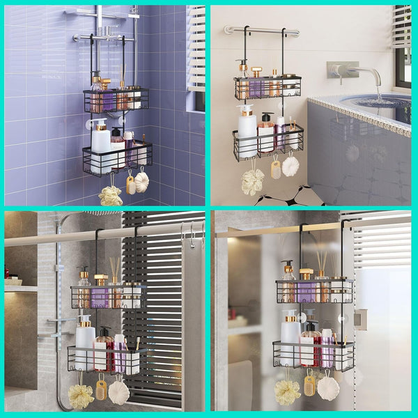 Hanging Shower Caddy Organizer - No Drilling Shower Organizer with Hooks, Rustproof & Waterproof 304 Stainless Steel Bathroom Shelves - Black3