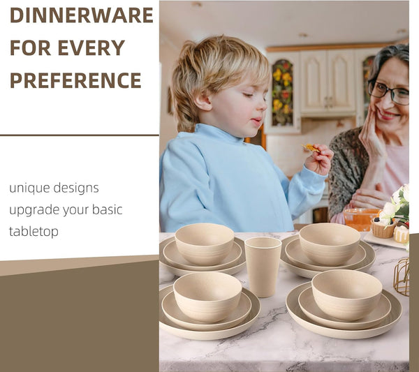 32 Pcs Wheat Straw Dinnerware Set for 8, Cream Reusable Plates and Bowls Set, Microwave Safe Lightweight Unbreakable Dishes Set for Kitchen, Camping, Outdoor, RV6