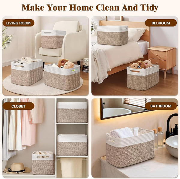 Storage Baskets for Organizing, 4 Pack Baskets for Shelves, Decorative Storage Bins for Shelves, Cotton Rope Storage Basket with Handles, Woven Basket for Storage, 13''Lx8.7''Wx7.9''H, White & Brown6