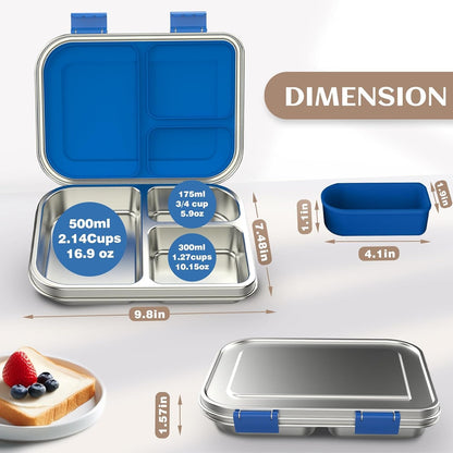 Stainless Steel Bento Box Kids, 3 Compartments Leak Proof Metal Bento Lunch Box, 304 Stainless Steel Bento Lunch Containers for School and Office,Dishwasher Safe, Bpa-Free-Blue5