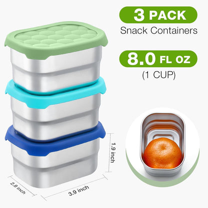 ® 3 Pack Stainless Steel Snack Containers for Kids, 8 Oz Easy Open Leak Proof Small Toddler Snack Containers with Silicone Lids, Stackable Metal Lunch Box for Daycare and School (Blue)2