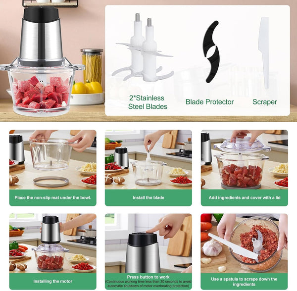 2L Food Processor & Meat Grinder 4 Bi-Level Blades Stainless Steel 220Vl (EU Plug Pro)6