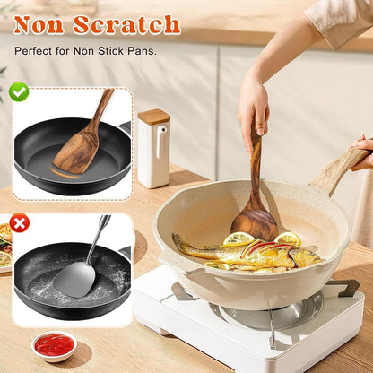 2Pcs Wooden Spatula, Acacia Solid & Slotted Turner Spatula Set, Long Handle Flat Frying Spatulas, Ideal Kitchen Gift for Mother and Grandma, Kitchen Utensils Set for Cooking, Frying, Baking5