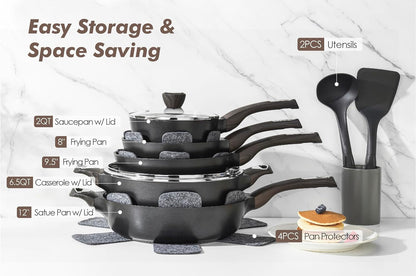 Pots and Pans Set Non Stick, Non Toxic Healthy Induction Cookware Sets, 14 Pcs Non Stick Kitchen Cooking Set with Frying Pans Set & Saucepan, PFOA PFOS Free, Black3