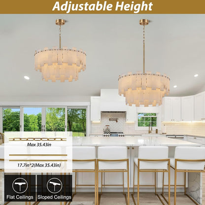 Alabaster Chandelier, 24" Spanish Alabaster round Chandeliers 2-Tier,Modern Adjustable Gold Marble Pendant Chandeliers for Dining Room, Living Room, Bedroom,Foyer,Bathroom, Included E12 Bulb4