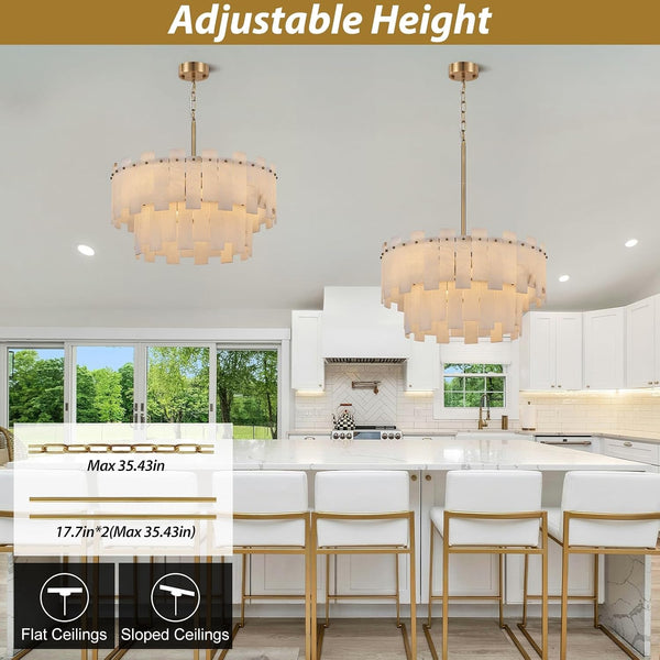 Alabaster Chandelier, 24" Spanish Alabaster round Chandeliers 2-Tier,Modern Adjustable Gold Marble Pendant Chandeliers for Dining Room, Living Room, Bedroom,Foyer,Bathroom, Included E12 Bulb4
