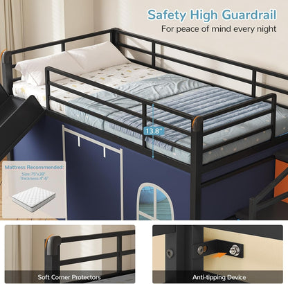 Twin Low Loft Bed with Slide and Safety Staircase, 2 Storage Drawers, Kids Twin Size Loft Bed with LED Lights, Under-Bed Play Tent, Built-In Desk, Metal Loft Bed with Safety Guardrail, Black and Blue5