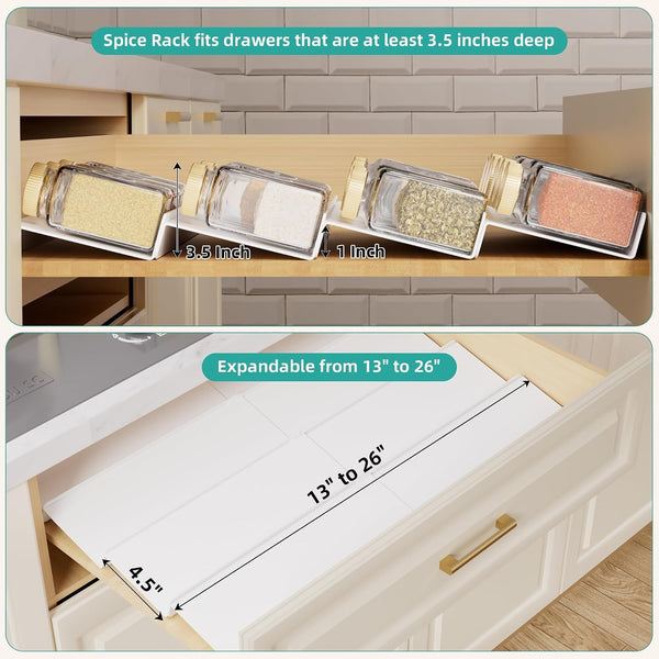 White Spice Drawer Organizer, 4 Tier - 8 Pack Seasoning Organizer for Drawer, Expandable from 13" to 26" Kitchen Drawer Spice Rack (Jars Not Included)6