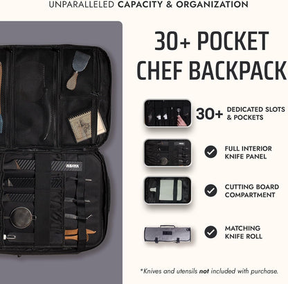 Chef Knife Backpack with 20-Pocket Knife Roll Bag - over 30 Storage Pockets Chef Bag, Professional Backpack for Chefs and Culinary Students – Knives Not Included (Grey)2