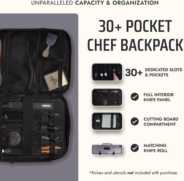 Chef Knife Backpack with 20-Pocket Knife Roll Bag - over 30 Storage Pockets Chef Bag, Professional Backpack for Chefs and Culinary Students – Knives Not Included (Grey)2
