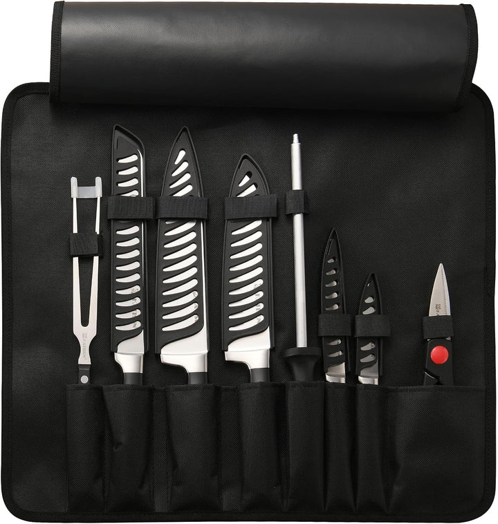 9-Piece Portable German Steel Knife Set with Roll Bag | Hollow Ergonomic Handles for Outdoor Camping & Travel. Includes Guards, Fork, Sharpener, Shears & Shoulder Strap Case