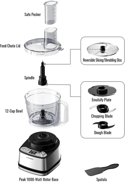 Food Processor, 4 Programs & Pulse,1000W Max Power,12 Cups Total Volume for Slicing, Mincing, Dicing, Shredding, Puree, Dough and Vegetable Chopper Clean Bowl Scraper, Stainless Steel8