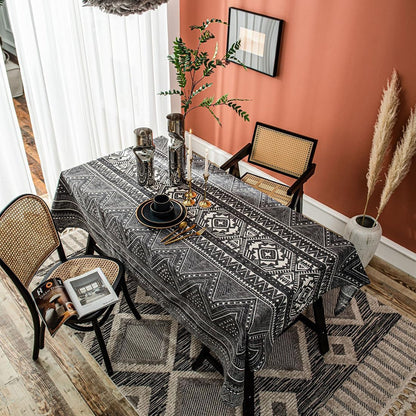 Bohemian Cotton Linen Tablecloth Boho Geometric Print Tribe Table Cover Farmhouse Rectangle/Oblong Tablecloth for Kitchen Dining Party Tabletop Decoration (Dark Grey,55"X87")2