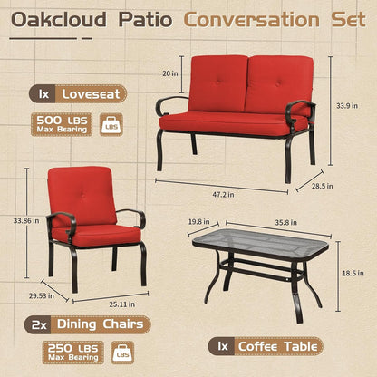 4Pcs Metal Outdoor Furniture Patio Conversation Set (Loveseat and Coffee Table, 2 Dining Chair) -Wrought Iron Patio Chair Set with Cushions (Red)3