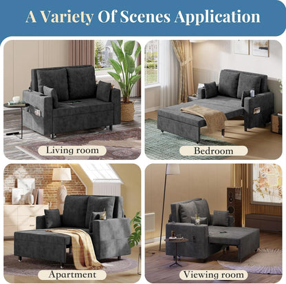 3 in 1 Pull Out Couch, 56 Inch Convertible Sleeper Sofa Bed, Loveseat Sofa Couch with Cup Holders, USB & Side Pocket, Modern Loveseat for Living Room, Bedroom, Includes Toss Pillows, Gray7