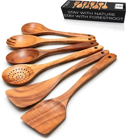 6-Piece Wooden Utensil Set – Premium Teak Wood Cooking Spoons & Spatulas, Non-Stick, Heat-Resistant, Durable & Eco-Friendly Kitchen Tools for Cooking & Serving1