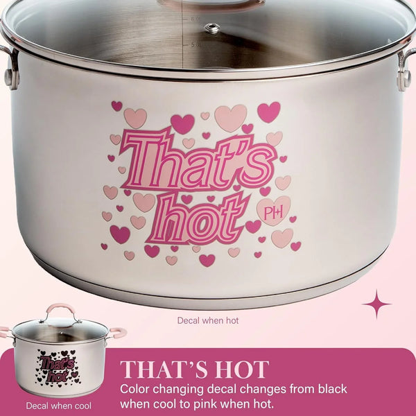 Stainless Steel Stock Pot with Iconic Color Changing "That'S Hot" Heat Indicator Decal, Features Soft Grip Handles and Measure Marks, 8-Quart, Pink3
