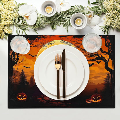 Halloween Placemats Set of 4 18X12 Inch Spooky Witch Bat Castle Pumpkin Linen Place Mats Heat-Resistant Washable Wipeable Fall Holiday Table Mats for Party Kitchen Dining Room Dinner Table Decor3