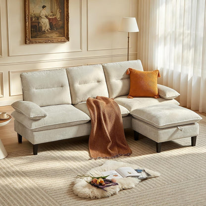 86'' Chenille Sofa with Large Storage Ottoman, Modern Living Room Sofa with Removable Washable Cushion, 3 Seater Comfy Couch for Apartment, Bedroom, Office (Beige)1