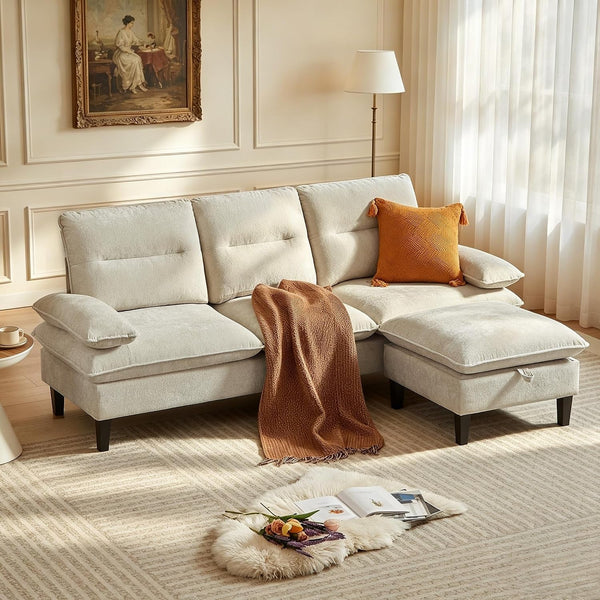 86'' Chenille Sofa with Large Storage Ottoman, Modern Living Room Sofa with Removable Washable Cushion, 3 Seater Comfy Couch for Apartment, Bedroom, Office (Beige)1