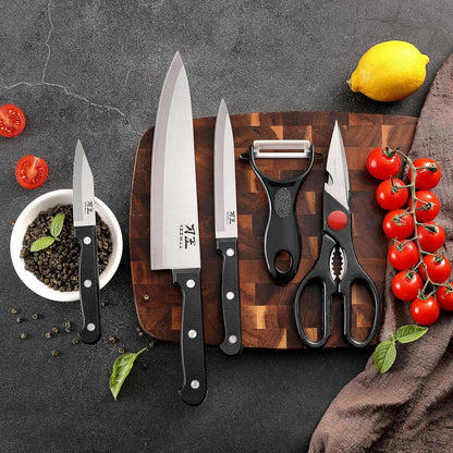 5 Pieces Kitchen Knife Set, Knife Set without Block with Sheathes, Stainless Steel Sharp Blade and Comfortable Handle, Chef Knife Set with Kitchen Scissors and Peeler for Cooking9