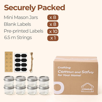 Mini Mason Jars 4 Oz, 8 Pack Regular Mouth Glass Jars with Lids | Bpa-Free Materials, Spice Rack, Small Jam, Honey Samples, Wedding Favors, DIY Candles, Labels and Twine8