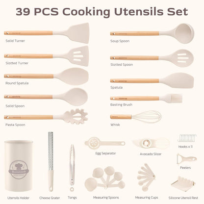 Kitchen Utensils Set, 39 PCS Silicone Cooking Utensils Set with Wooden Handle, 446°F Heat Resistant Food Grade Utensil Sets, BPA Free Kitchen Gadgets Tools Set for Nonstick Cookware (Cream)2