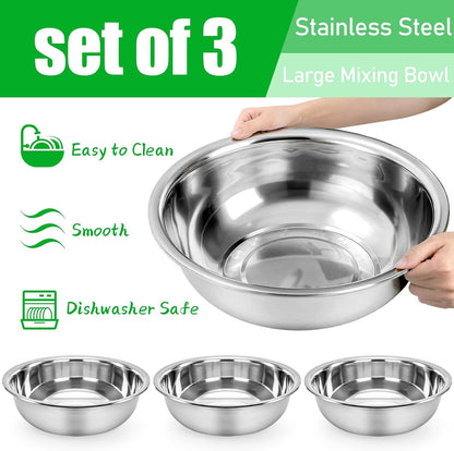 3 Pack 10 Quart Large Mixing Bowl, Stainless Steel Oversized Salad Bowls, All-Purpose Metal Serving Basin for Home Commercial Prepping Baking Marinating Cooking Brining Mixing3