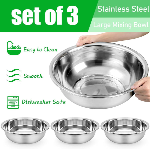 3 Pack 10 Quart Large Mixing Bowl, Stainless Steel Oversized Salad Bowls, All-Purpose Metal Serving Basin for Home Commercial Prepping Baking Marinating Cooking Brining Mixing3