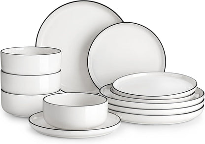 Plates and Bowls Sets, 12 Pieces Modern Porcelain Dinnerware Set for 4 White Kitchen Dinner Dining Ware Set Wtih Black Rim Ceramic Dishware Dishes Microwave and Dishwasher Safe, Series LUNA1