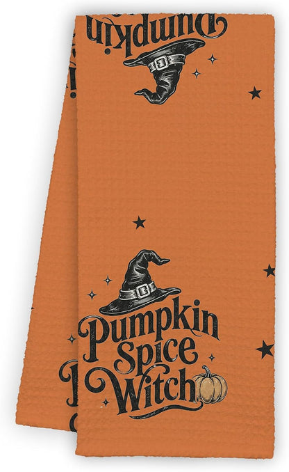 Halloween Kitchen Towel - Pumpkin Spice Witch - Orange Decorative Dish Towel for Fall Kitchen Decor, Spooky Farmhouse Hand Towel for Baking, Coffee Bar, Party, Home Decor & Gift ( 16" X 24" )- 011