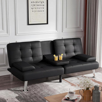 Futon Sofa Bed, Black Faux Leather Convertible Loveseat Couch2