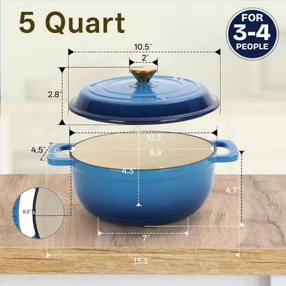 5 Quart Enameled Cast Iron Dutch Oven with Lid, Dual Handles, Oven Safe up to 500°F or on Stovetop, Compatible for Braising, Stews, Roasting, Bread Baking-Blue3