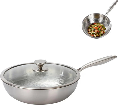 Titanium Hammered Wok Pan with Lid, Pure Titanium Pans for Cooking, No Coating Non-Stick Flat Bottom Wok, Ultra-Durable, Scratch-Resistant, Compatible with All Cooktops,12.6In1