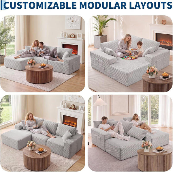 110" Boneless Cloud Sectional Couch for Living Room, L Shaped 3 Seater Modular Corduroy Sofa with Chaise, Deep Seated Oversized Boneless Couches, Compressed Sofa in a Box, No Assembly, Grey5