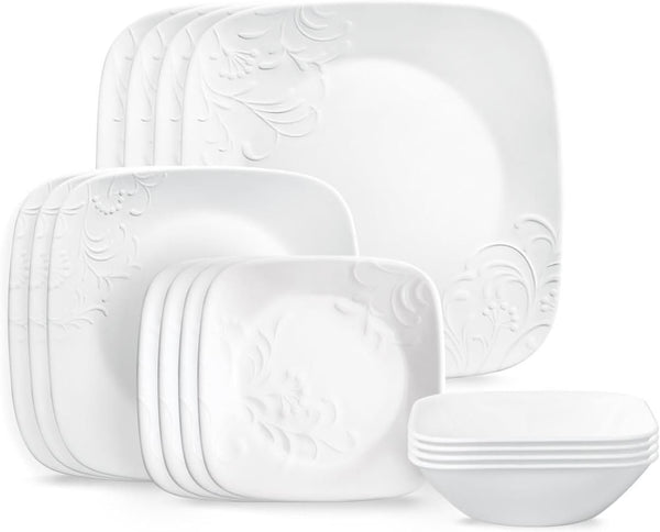 Cherish 16Pc Dinnerware Set, Service for 4, 8 Plates 8 Bowls, Chip & Break Resistant, White ware1