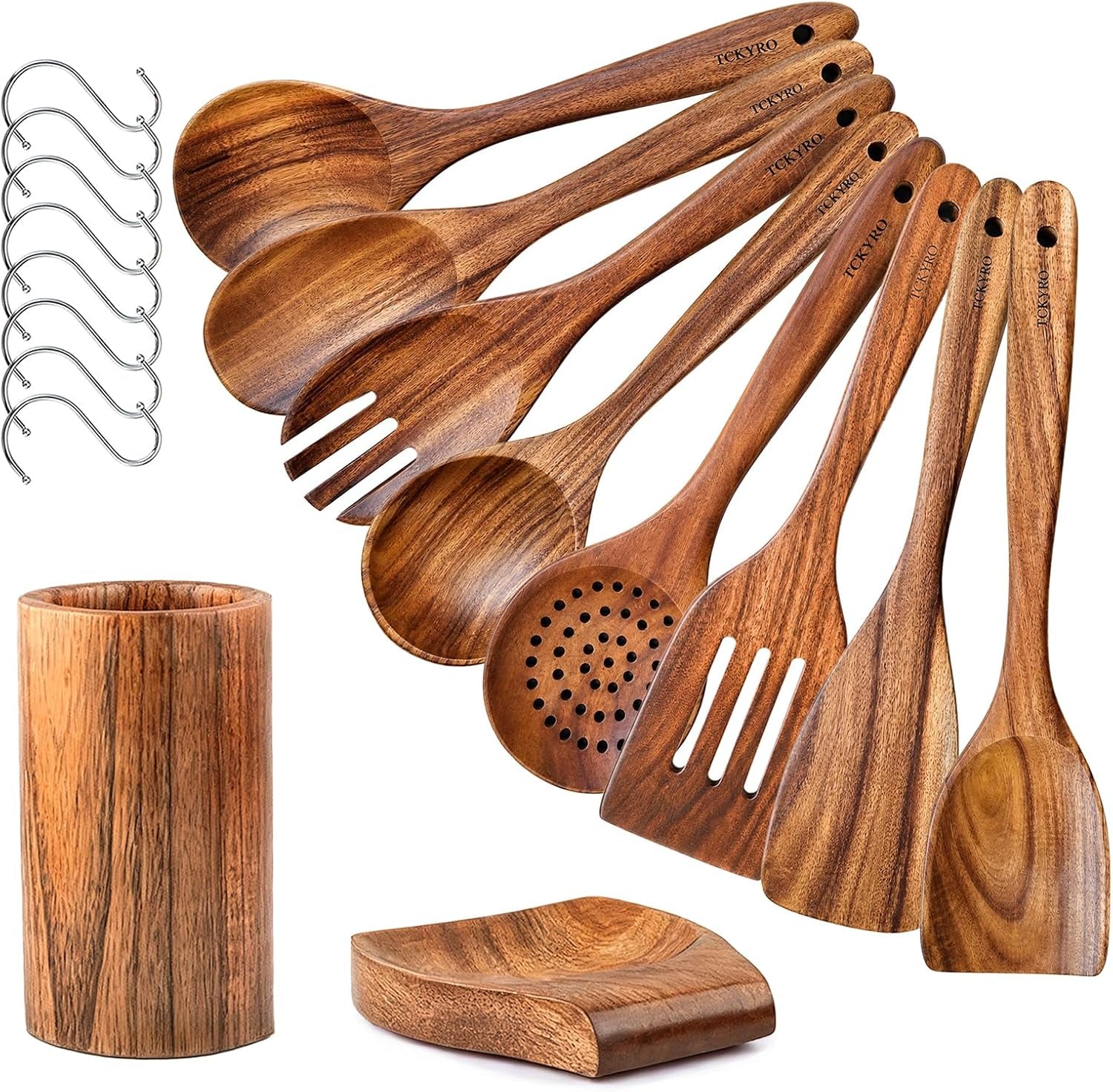 wooden-kitchen-utensil-set-with-holder-spoon-rest-10-piece-premium-teak-wooden-spoons-for-cooking-smooth-wood-utensil-set-with-spatulas-spoons-salad-fork-skimmer-soup-ladle-8-hooks