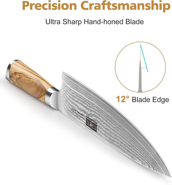 Damascus Knife Block Set 7PCS, Sharp Kitchen Knives with Sharpener | Professional Chef Knife Set | Japanese Super Steel | 15° Edge | 62 HRC | Ergonomic Olive Wood Handle | Ideal Cooking Gift4