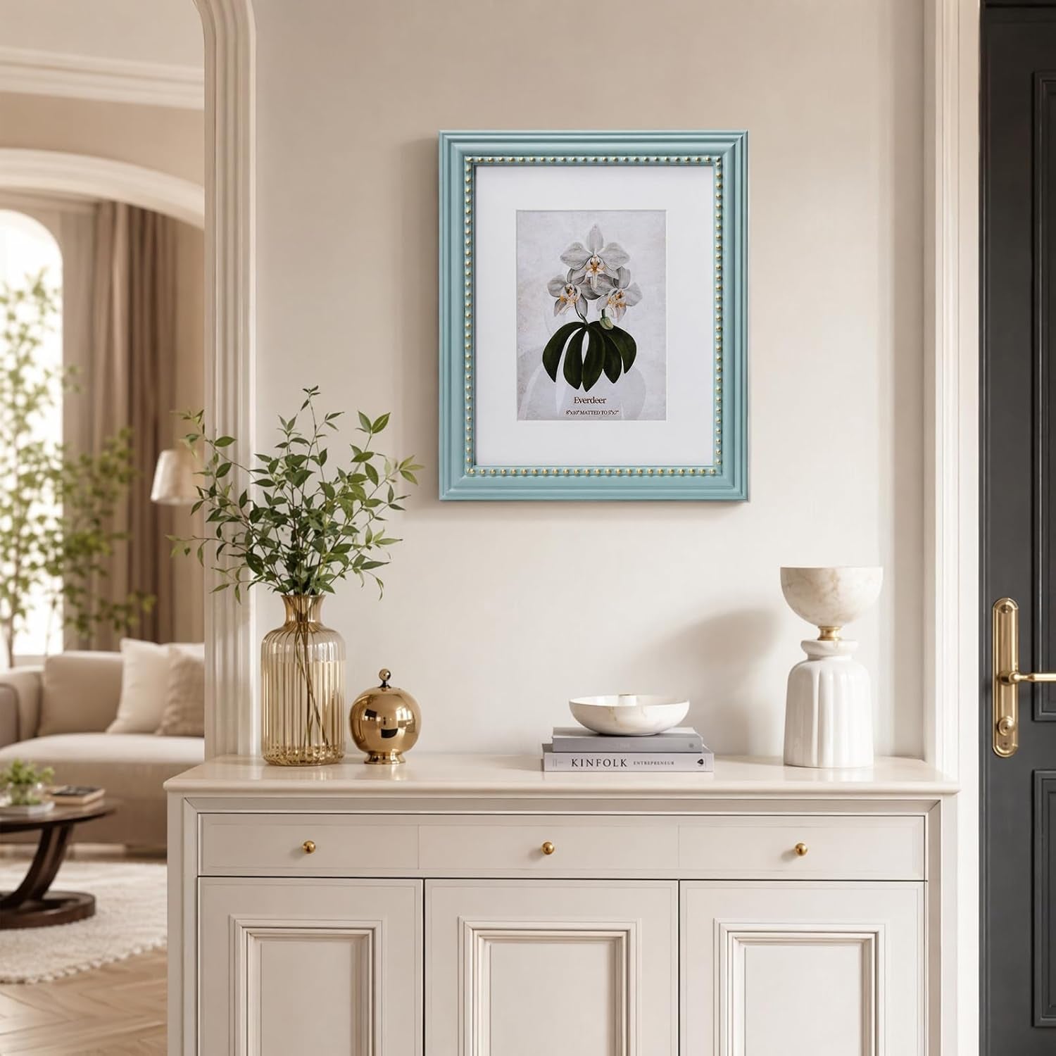 8x10-blue-picture-frame-engineered-wood-with-real-glass-gold-beaded-border-matted-to-5x7-vertical-and-horizontal-for-tabletop-or-wall-hanging