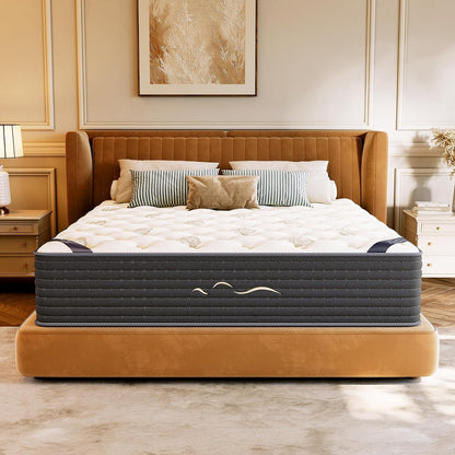 14 Inch Cashmere Hybrid Queen Mattress in a Box, Dual-Sided Medium Firm & Firm, Cooling Gel Memory Foam Mattress, Pocket Springs for Motion Isolation, Pressure Relief, Certipur-Us Certified1