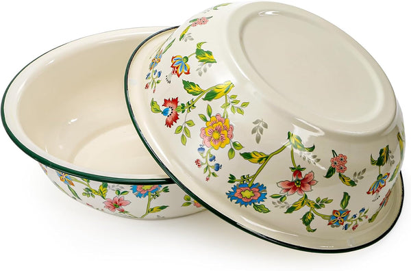 2 Pack Vintage Enamel Mixing Bowls, 11.8 Inch Primitive Enamelware Basin for Fruit, Salad, Pasta, Dough Making, 3.6 Quart Enamel Washing Bowl Serving Tray for Camping, Kitchen, Farmhouse Decor3