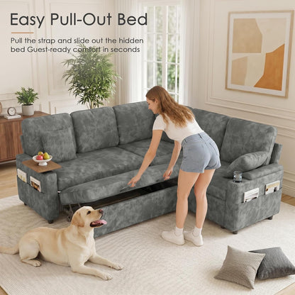 81'' Modular Sectional Sofa with Pull Out Bed, 5-Seater L Shaped Sleeper Sofa with Adjustable Backrest | Side Table | USB Charging Ports, Sectional Couches for Living Room(Chenille, Grey)3