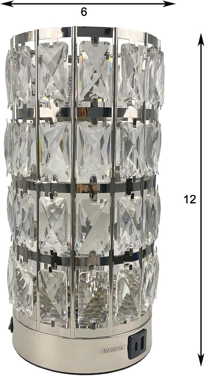 Cylinder Crystal Table Lamp, Chrome Warm Glow, USB Ports, LED Bulb2